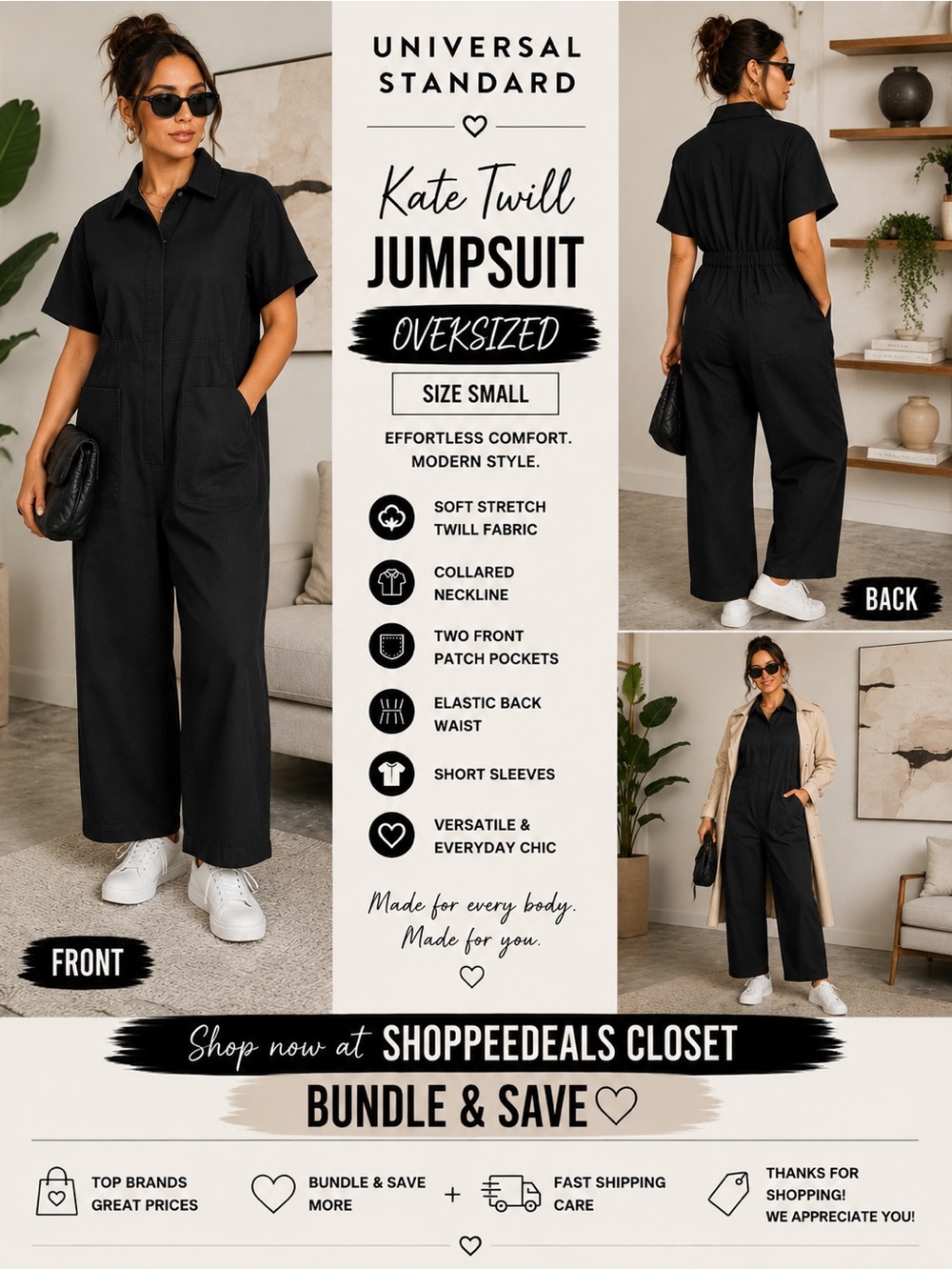 Universal Standard Kate Twill Jumpsuit – Black – Women’s Size Small